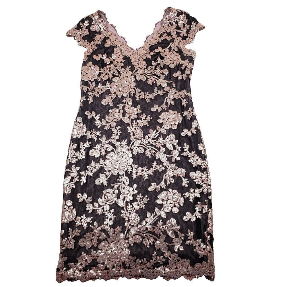 Tadashi Shoji Sequined Sheath Dress Womens 14 Pink Black Embroidered Floral